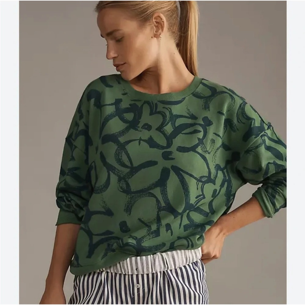 Maeve Womens Floral Sketchy Sweatshirt Crewneck Pullover Size S Green
